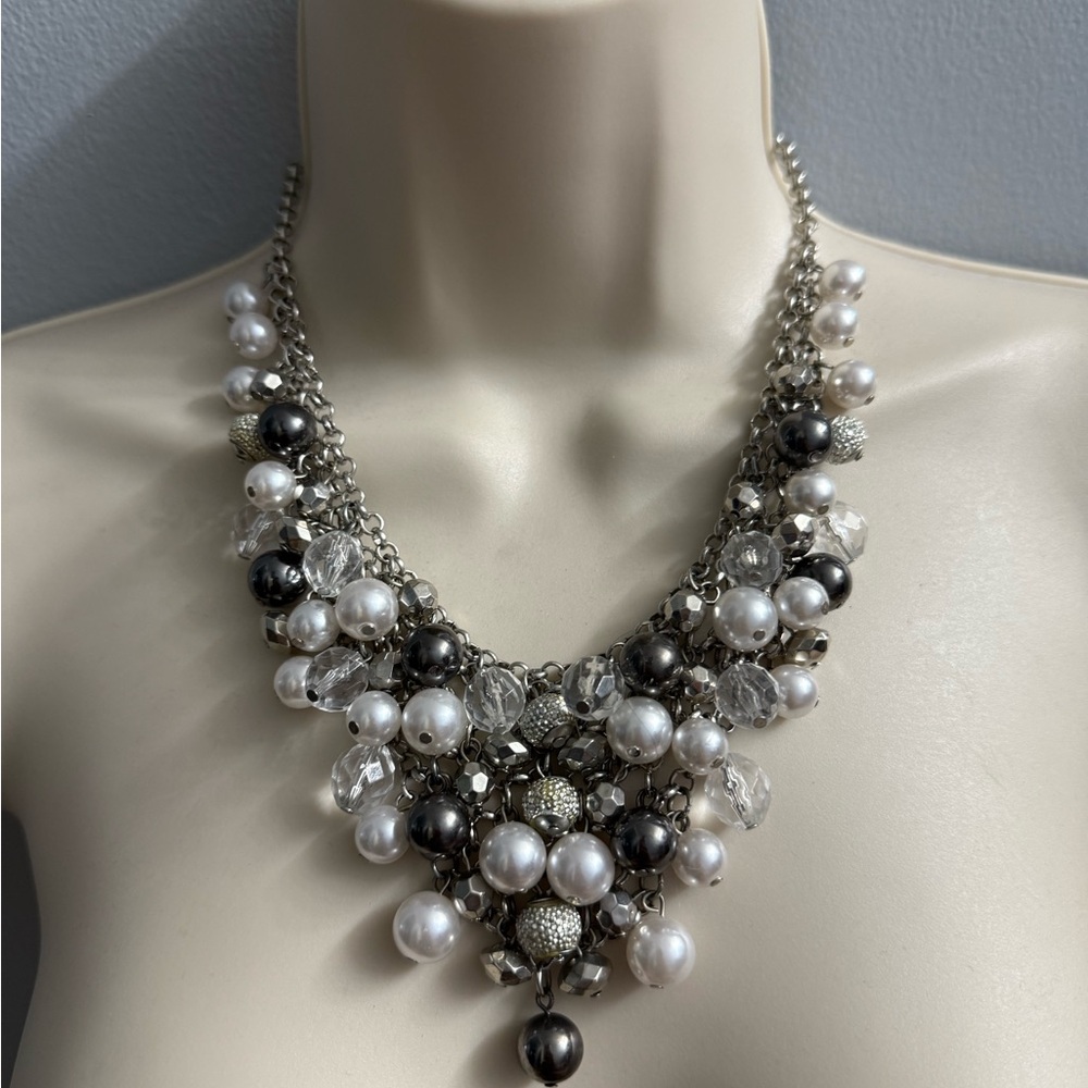 New York  White ,Metallic, Silver & Clear Bead Bib Necklace 17”+3”
